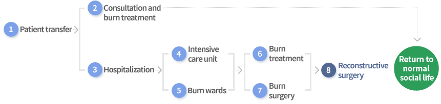 1. 환자이송, 2. 진료 및 화상치료, 3, 입원, 4중환자실, 5화상병동, 6화상치료, 7화상수술, 8재건성형 , 사회복귀